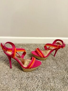Hot Pink Strappy Platform Stilleto Heels with Orange Accent. Size 7